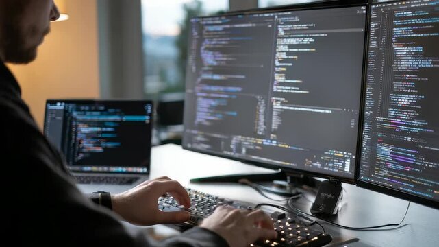 Person is coding on desktop computer with dual monitors displaying programming code, reflecting high tech, productive atmosphere. Workspace is organized, modern, optimized for software development