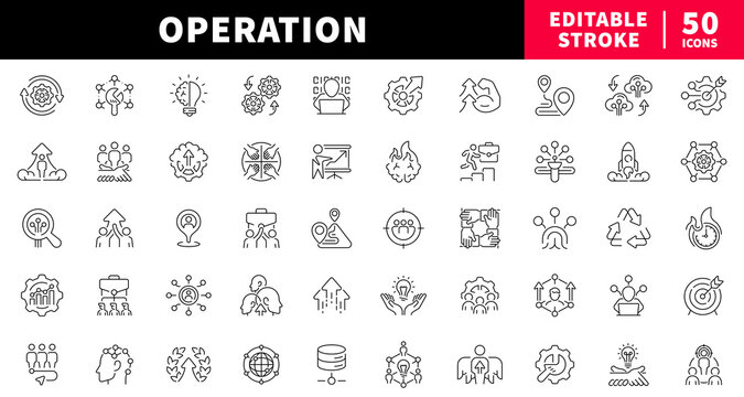 Operation editable line icons set. management and process symbols