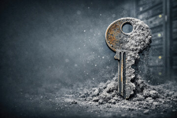 A rusty key crumbling in the ashes against the background of the server. Space for text.