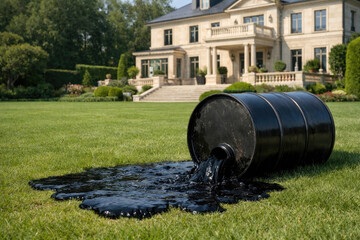 A black barrel with spilled oil on the lawn in front of the house.