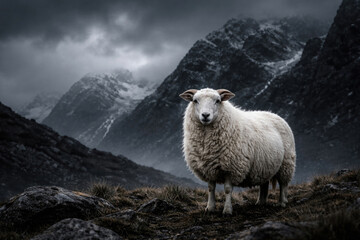 A sheep against the background of dark mountains before a storm. Space for text.