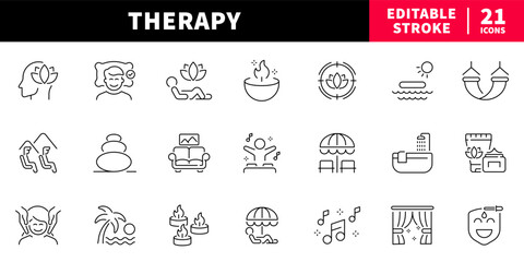 Therapy editable line icons set: wellness and relaxation symbols collection