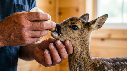 A close up of a female hand gently holding a small squirrel in nature