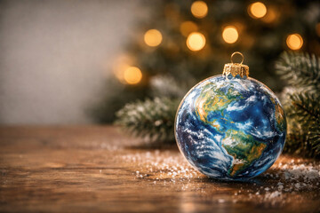 Christmas tree toy-globe on a wooden table near the Christmas tree. Space for text.