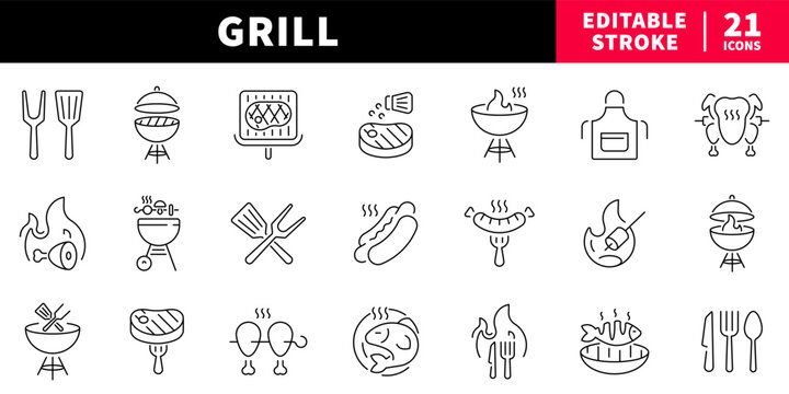 Grill essentials editable line icons set. barbecue and cookout design