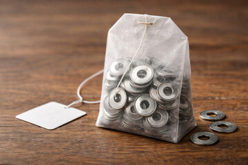 Tea bag filled with metal washers on a wooden table.