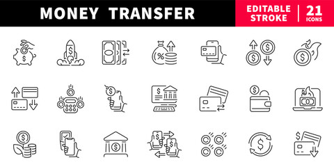 Money transfer editable line icons set. banking and finance symbols