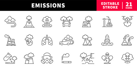 Fototapeta premium Emissions editable line icons set: pollution and eco symbols collection