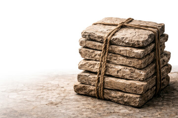 A bunch of ancient stone tablets wrapped in a rope. Space for text.