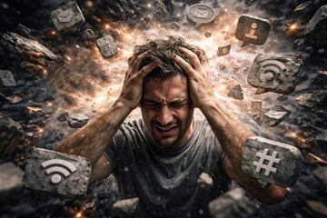 A man in digital stress among social media icons.
