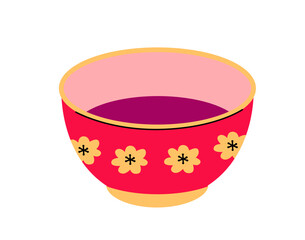 Traditional Chinese tea cup with floral pattern in red and gold colors. Flat vector illustration used for tea ceremony, Lunar New Year, or festive decoration.