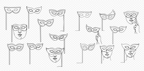 Set of hand-drawn carnival masks for masquerade, party, and celebration events.
