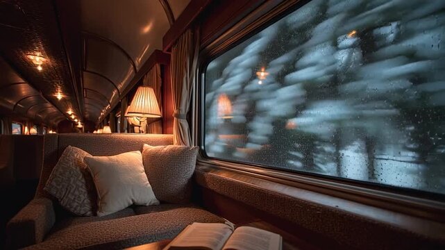 Tranquil Night View Inside Plush Private Sleeper Train Cabin with Snow Outside