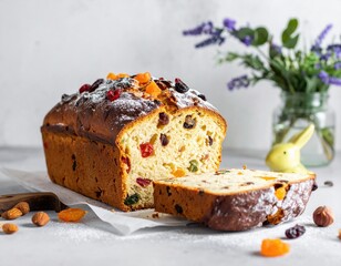 Delicious homemade sweet fruit bread, generously dusted with powdered sugar, beautifully sliced to show colorful dried fruits and nuts, perfect for a festive holiday celebration