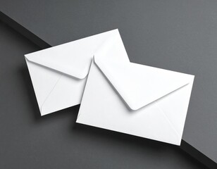 Two pristine white envelopes are elegantly arranged on a sleek modern dark gray surface with an abstract design, symbolizing important messages and professional mail