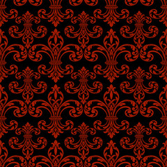 Red fleur-de-lis damask vector seamless pattern on black background. Ornate gothic floral ornament for luxury textile, wallpaper, elegant vintage backdrop.