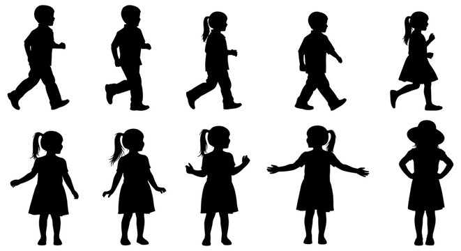 Child Silhouette Set &ndash; 10 Black Profiles in Walking, Standing, and Gesturing Poses