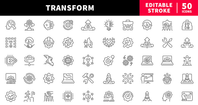 Transform editable line icons set. Transformation and development symbols