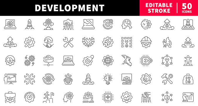 Development editable line icons set. tech and innovation symbols