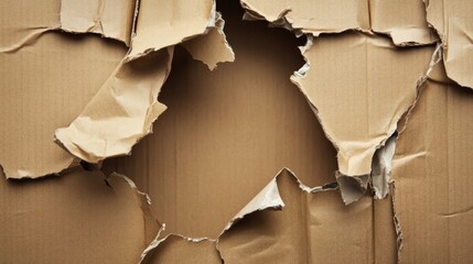 A close-up view of a torn cardboard box with jagged edges and a visible hole in the center. The texture of the cardboard is rough and worn.