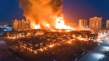 A large fire engulfs a residential area at night. Flames and smoke rise from buildings, illuminating the dark sky. Nearby structures are partially visible.