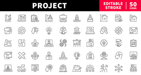 Project management editable line icons set. linear design, productivity, tasks