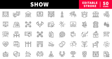 Entertainment editable line icons set. show and performance symbols