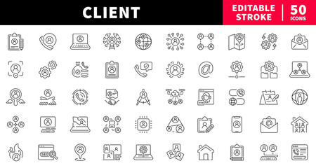 Client management editable line icons set. business and service symbols