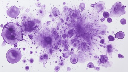Abstract purple watercolor splashes on a white background. Various sizes and intensities of purple create a vibrant and dynamic visual effect.