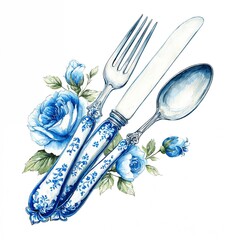 Illustration of a cutlery set with fork, knife, and spoon decorated with blue and white chinoiserie porcelain pattern and roses in watercolor style on a white background isolated on white.