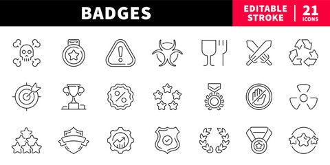 Badges editable line icons set: awards, medals, symbols