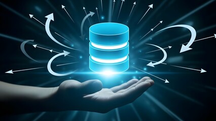 A glowing blue database cylinder hovering above an outstretched hand with arrows and lines radiating from it