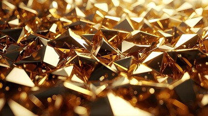 A field of sharp, golden geometric crystals with reflective facets. Intense light creates bright highlights and deep shadows, while a shallow depth of field blurs the foreground and background.