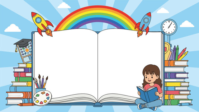 Creative book-themed border features an open book, a girl reading, stacks of books, and various school supplies on a sunburst background.