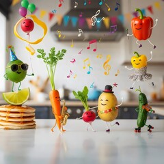 Dancing vegetables in humorous surreal kitchen party scene with joyful absurd silliness and vibrant atmosphere
