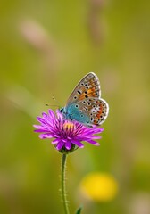 Obraz premium Vibrant butterfly resting on a purple wildflower in a sunny meadow, capturing the essence of summer nature and fragile beauty, bloom, lepidoptera, spring