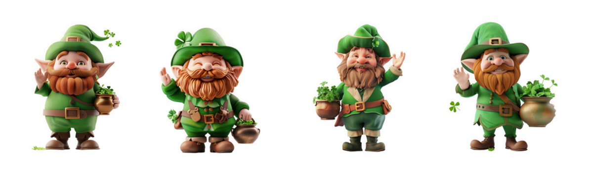 Four charming leprechaun characters in green outfits each with a unique pose on transparent background