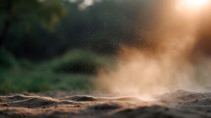 Obraz premium Golden dust particles swirl in warm sunlight over a textured ground illuminated by a gentle breeze