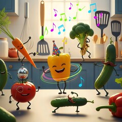 Dancing vegetables in humorous surreal kitchen party scene with joyful absurd silliness and vibrant atmosphere