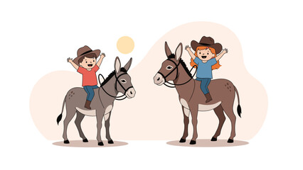 Naklejka premium Happy young boy and girl wearing cowboy hats and waving while riding friendly grey donkeys under a yellow sun in a minimalist landscape.