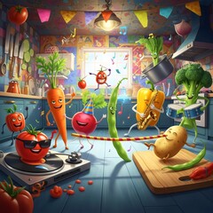 Joyful absurd surreal artwork featuring vegetables dancing in humorous kitchen party with silly celebration
