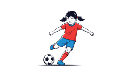 Athletic young girl with pigtails wearing a red shirt and blue shorts kicks a soccer ball in a powerful and dynamic pose on white background.