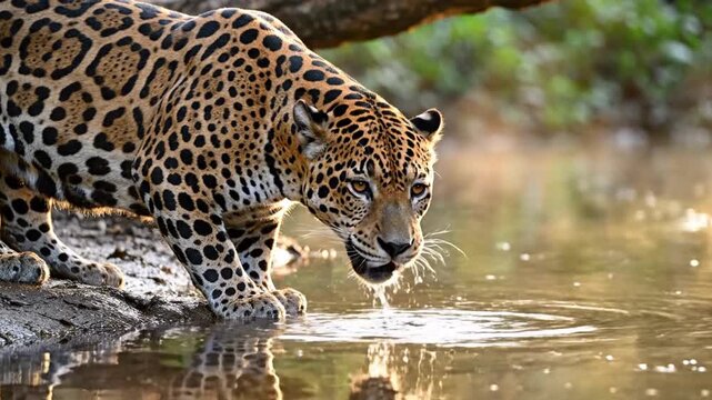 Powerful Wild Jaguar Drinking Water at a Serene Jungle River.