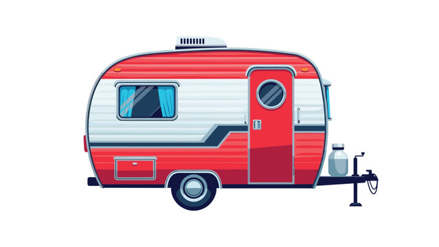 Retro red and white camper trailer with a classic rounded design and small windows illustrated in a detailed pixel art style on white.