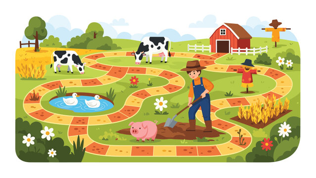 Colorful farm board game map for children features a winding path through fields with cows, pigs, ducks, a farmer, and two scarecrows.