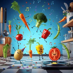 Dancing vegetables in a surreal kitchen party scene with colorful confetti and joyful absurd celebration