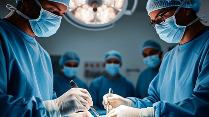 Surgeons in blue scrubs and masks performing a medical procedure in an operating room isolated on a transparent background