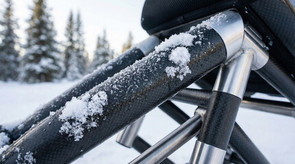 Close-up of snow on carbon fiber tubes of an adaptive ski chair in a winter forest. Highlights durability and outdoor sports technology, ideal for accessibility and winter themes.