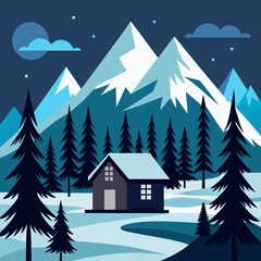 Obraz premium Title: A colorful of a mountain landscape with a dark house and snow-covered peaks
