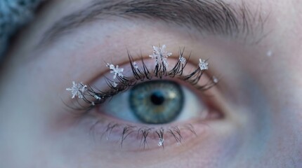 Naklejka premium Macro shot of blue human eye with real snowflakes on eyelashes. Detailed winter frosty look showing cold weather and natural beauty. Perfect for winter makeup or seasonal health concepts.